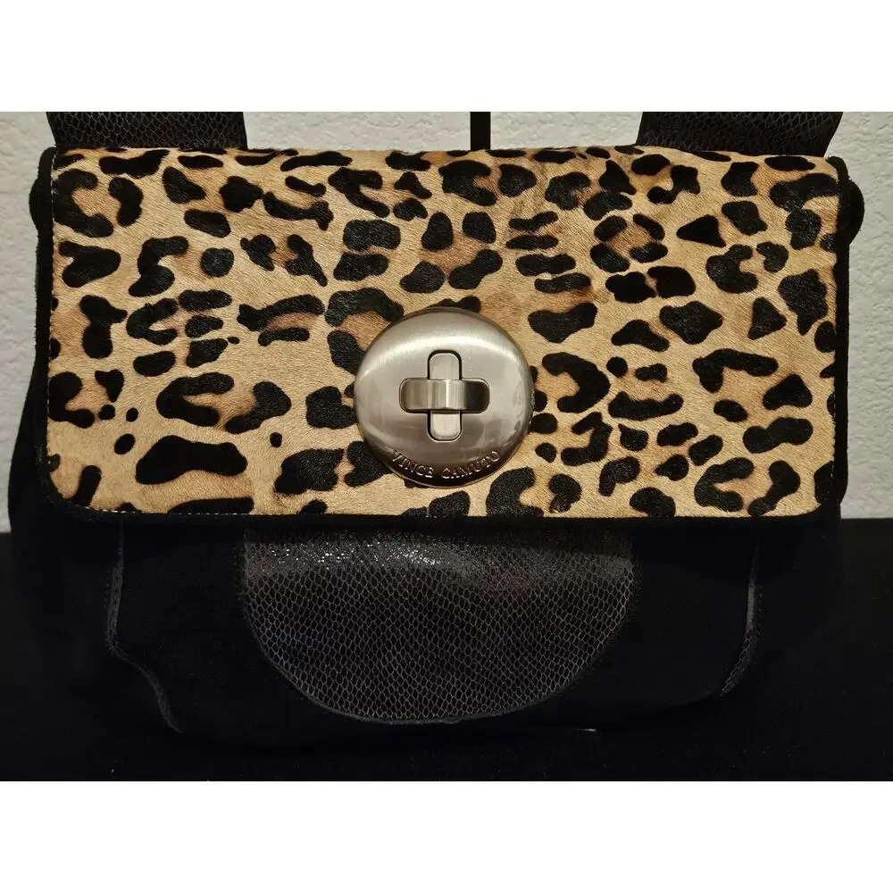 Vince Camuto Leather Animal Print Metal Handle Handbag 16x11x3 EUC